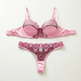 Women's Romantic Pink Lace Lingerie Set Padded Balconette Bra + Sheer Thong Satin Trim Date Night/Valentine's Underwear ZA824289