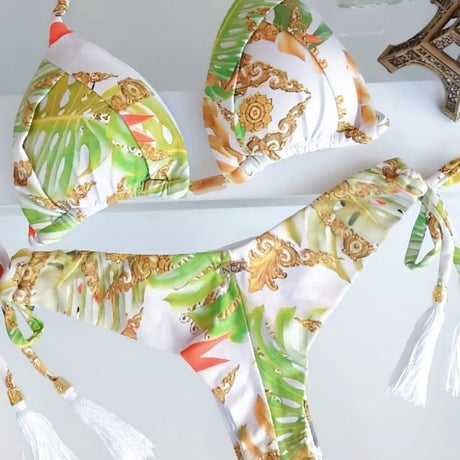 Women's Printed Tassel Bikini Set Low Waist Tie Side Two Piece Swimsuit Fashion Beachwear Bathing Suit Bikini Set Women's Swimsu