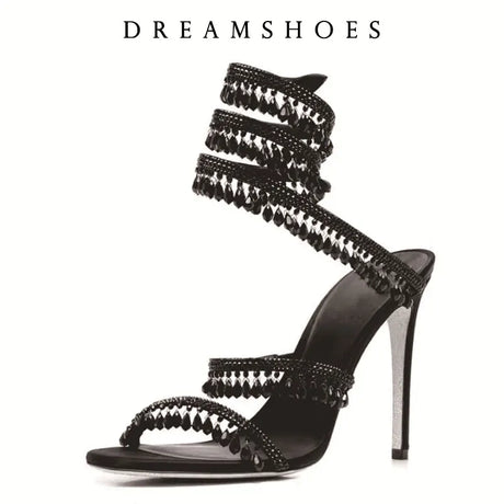 Women's New Shimmering Crystals Summer Shoes Tassel Crystal Shoes Sexy Banquet Party Twin Stiletto Women's Large Sandals