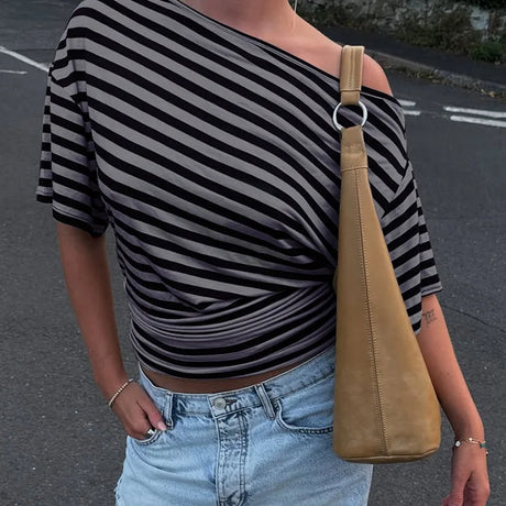 2026 New Autumn Women Vintage Striped Off Shoulder T-shirt Waist Cinching Slim Fit Daily Wear Ladies Tops