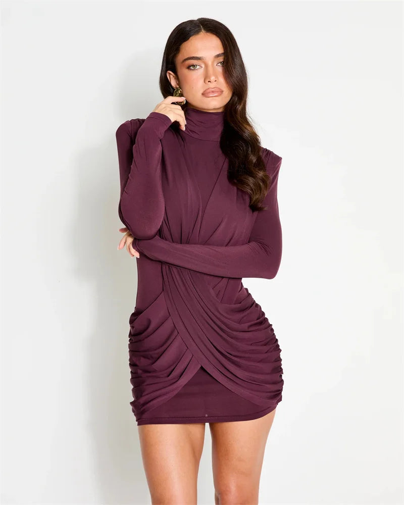 Mozision High Neck Shoulder Pads Long Sleeve Sexy Mini Dress Women Draped Cross Front Ruched Slim Bodycon Nightclub Party Dress