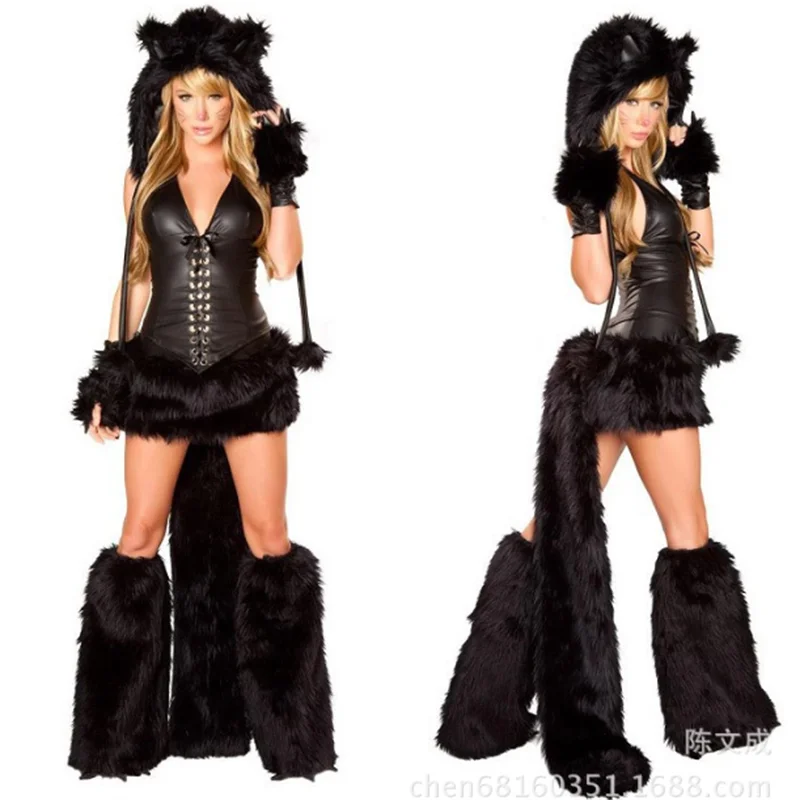 Sexy Christmas Ladies Costume Halloween Cosplay Big Tail Wolf Role Play Party Maid Seduction Santa Claus Gift Womens Uniform