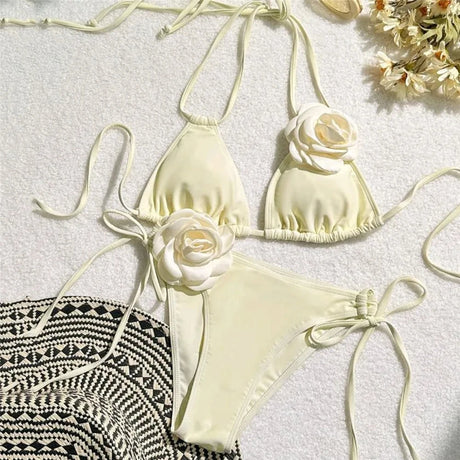 Sexy Flower Bandeau Swimwear Thong Bikini 2026 Women Lace-up Swimsuit Swimming Bathing Suit Brazilian Bikinis Sets Mujer Biquini
