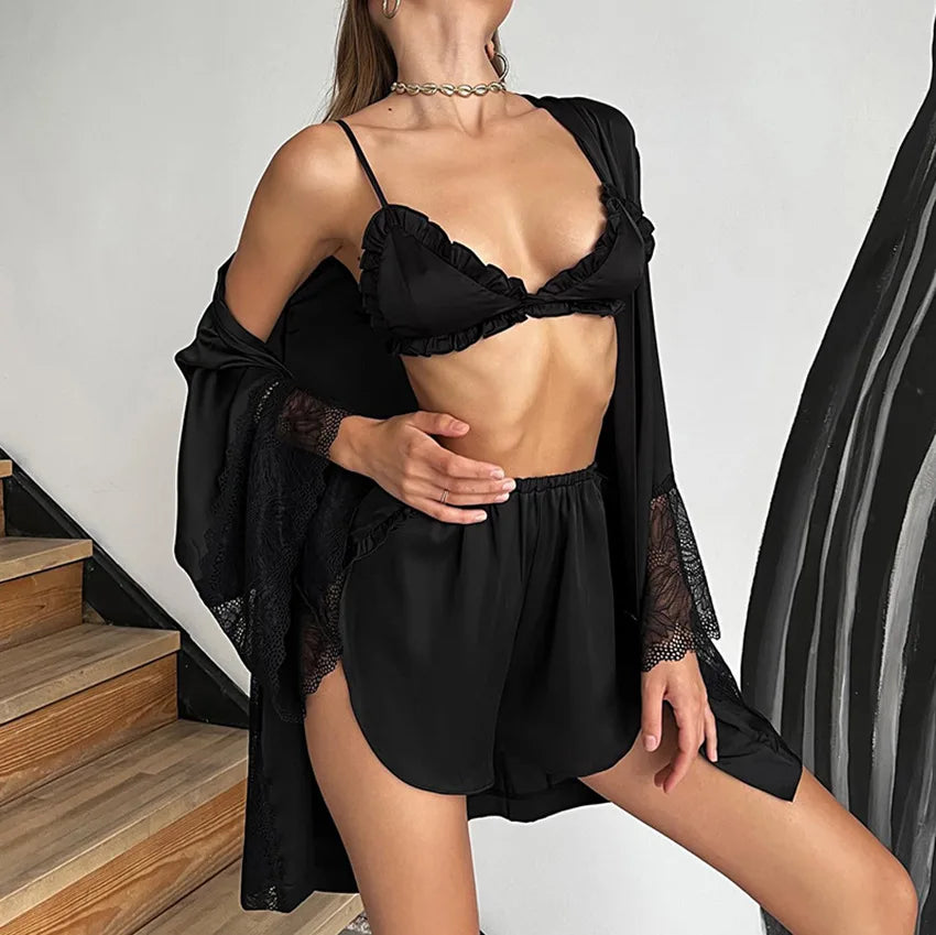 Pajama Sets Patchwork Lace Robe Sets With Bra Satin Sexy Underwear Set Woman 3 Pieces Sleepwear Sets Bathrobes 2023 Nightwear