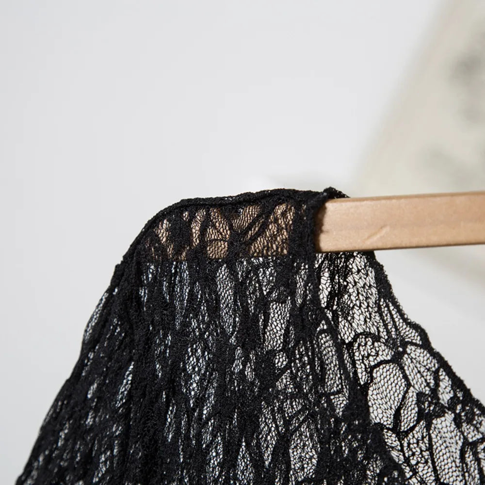 Women's Black Lace Bodysuit Y2k Long Sleeve Sheer Tops Fashion Slim Hollow Out See Through Mesh Blouses Sexy Lingerie Bodysuits
