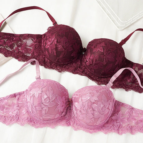 Women's Push Up Half Cup Bras French Lace Floral Bralette Thicken Bottom Gathered Underwire 36-42 A/B Cup Small Chest Underwear