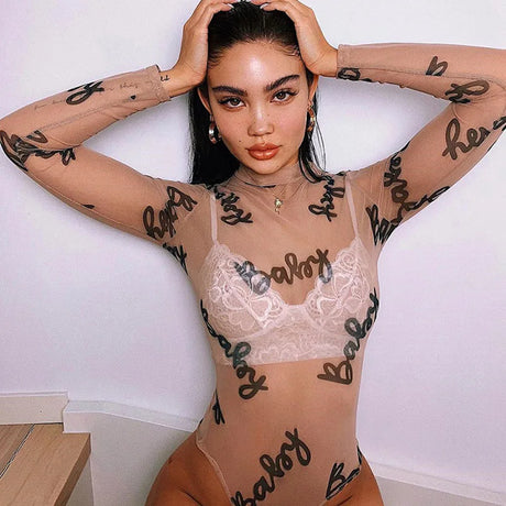 2025 Summer Sexy Letter Print Transparent Mesh Bodysuits Long Sleeve See Through Baby Bodycon Rompers Women Jumpsuits