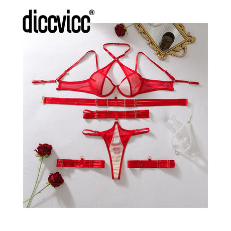 Diccvicc Sexy Red Strappy Lingerie Set Sheer Mesh Cutout Cross Halter Bra Cage Garter Thigh Bands Thong Exotic Women Underwear