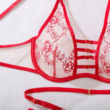 Women Red Floral Embroidery Lingerie Set 4 Piece Sheer Mesh Garter Belt Hollow Out Underwear Harness Strappy Romantic Nightwear