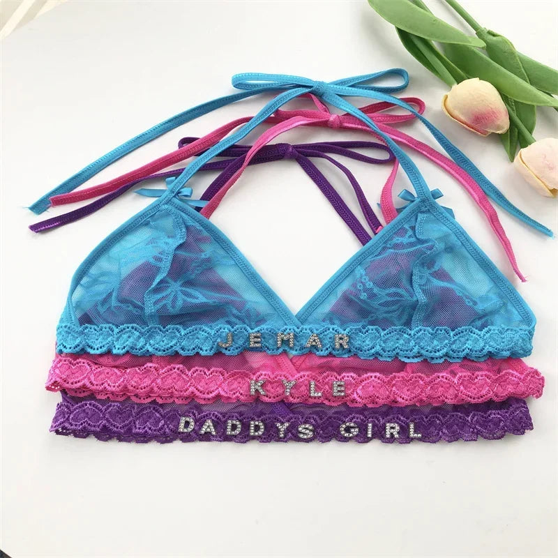 Name Custom Crystal Letter Thong Lace Tie Neck Bikini Bra Panties Sexy Personalized Name Low Waist G-String Underwear Bra Set