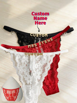 Custom Rhinestone Letter Name Text Sexy Lace Thong Panties Low Rise G-string Personalized Gift Wife Lover Anniversary Festival