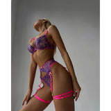 Pink Fancy Lingerie Floral Luxury Lace See Through Underwear Sensual Garter Belt Set Contrast Color Fairy Outfit
