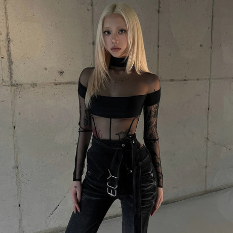 Sexy See Through Bodysuit Women Dark Gothic Streetwear Emo Alternative Grunge Y2k Long Sleeve O-neck High Waist Jumpsuit