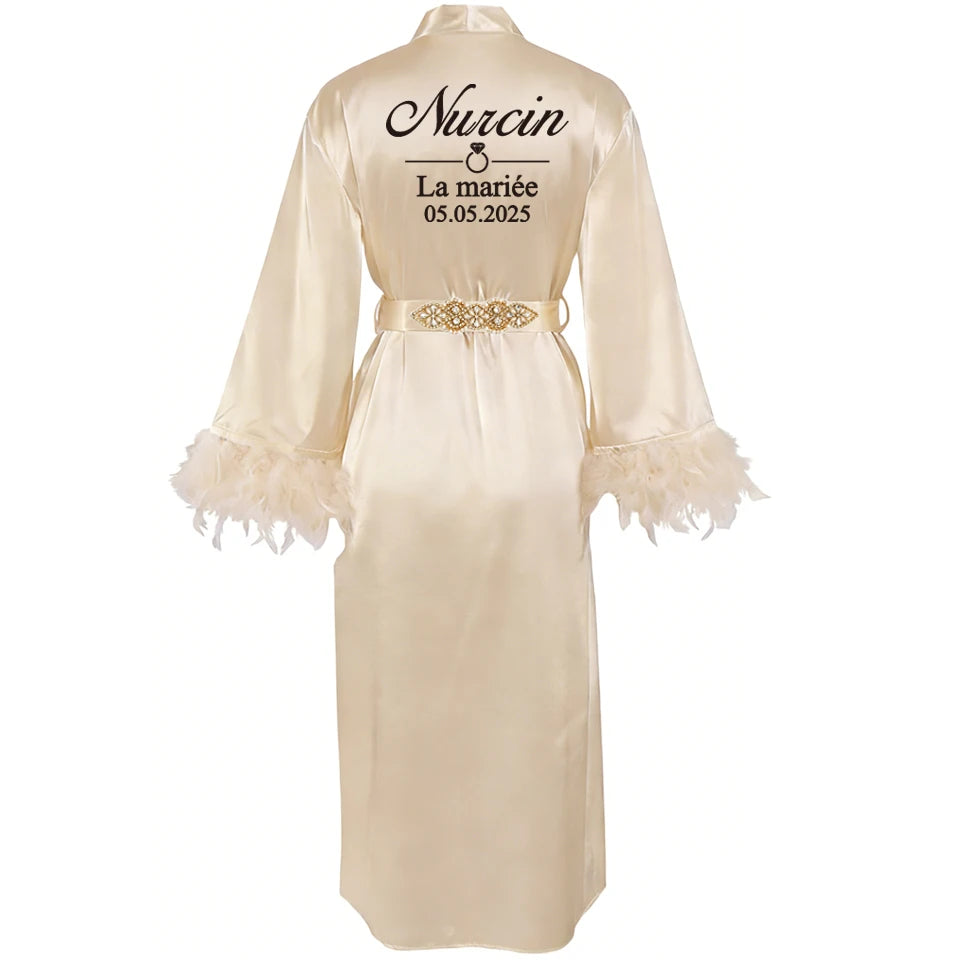 Customized Bathrobe for Women Personalized Name And Date Robe Add Any Text Gown for Bridal Party Feather Bride Robes