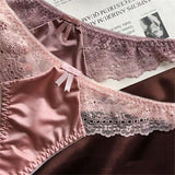 Hollow Lace Sexy Glossy Satin Silk Smooth Thong Women Sexy Low Waist G-string Underwear Bow Seamless Lingerie