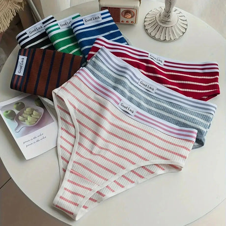 Random 7-piece mixed color high-waisted pure cotton inner-padded women's briefs, classic striped simple women's underwear