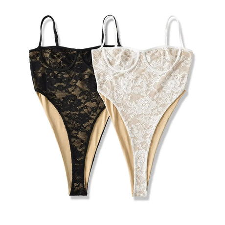 Sexy Black Floral Lace High Split Bodysuit Spaghetti Strap Elastic Slim High-Cut Tops Jumpsuits
