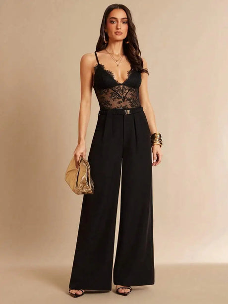 Silquee Women's Black Floral Lace-Trimmed See-Through Bodysuit,Elegant Charming Versatile Club Bodysuit,Perfect For Summer