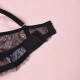Women's Black Lace Lingerie Set Underwire Bra Thong Panty Garter Straps Choker Gloves Floral Embroidery Sexy Underwear Outfit