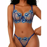Women Royal Blue Floral Embroidery Lingerie Set Satin Sheer Mesh Underwire Bra & Thong Intimate Underwear ZA825146
