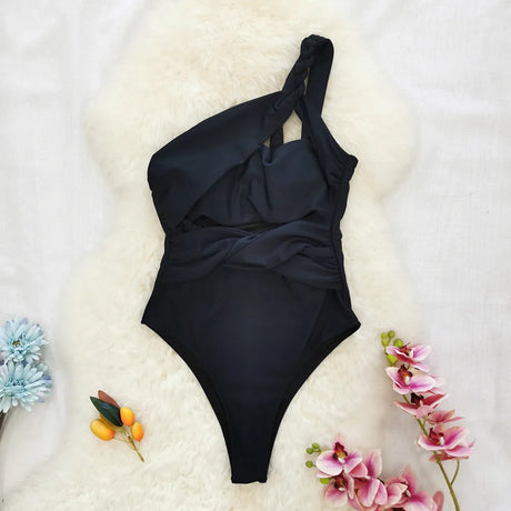 Sexy One Piece Swimsuit One Shoulder Solid Cut Out Monokini Pattern Women's Swimwear Slimming Bodysuit Women Beachwear 2022
