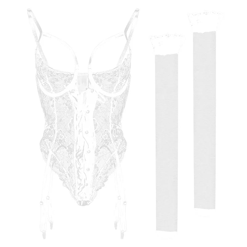 European and American Sexy See-through Dress Mesh Lace Garter Side One-Piece Underwear Women's Sexy Tight Jumpsuit Two-Piece Set