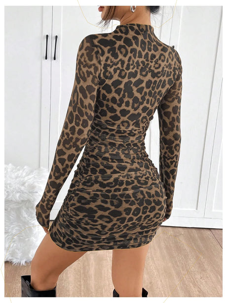 Lady's High-Neck Leopard Print Long-Sleeved Halter Dress With Floral Pattern