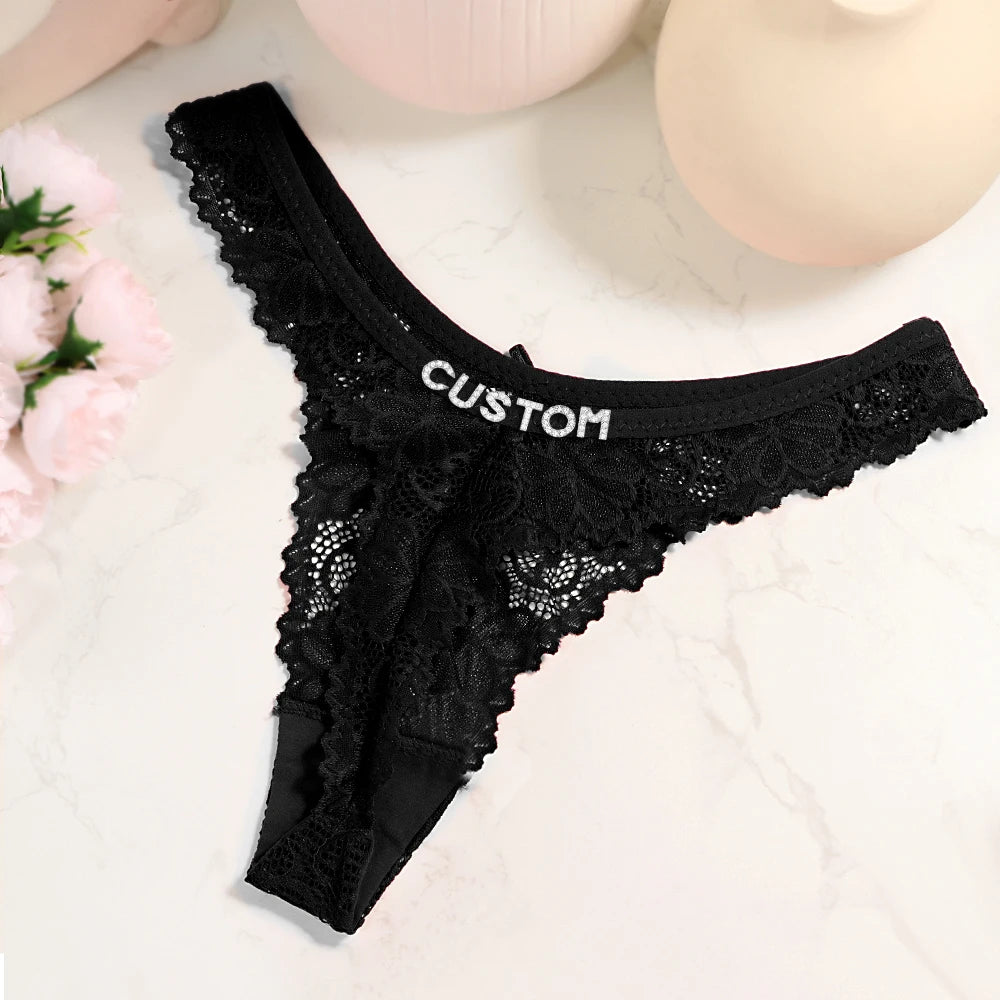 Personalized Rhinestone Letter Lace Thong for Women Custom Name Crystal G-String Panties Sexy Lingerie Gift