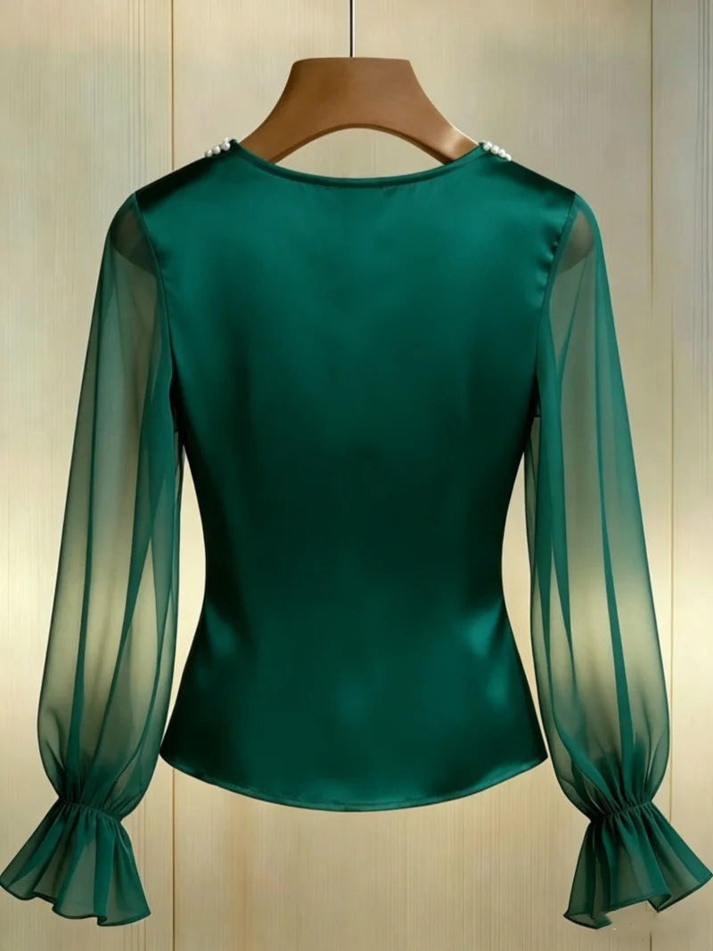 Pearl Beaded Round Neck Long Sleeve Blouse Satin Sheer Top For Women Elegant