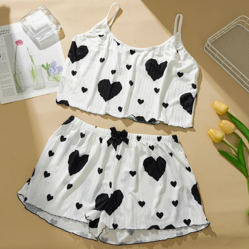 Heart Print Pajama Set Sleeveless Crop Top and Shorts Comfy Sleepwear Loungewear Nightwear Casual Soft T-Shirts Shorts