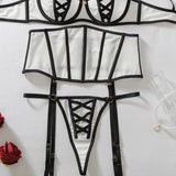 Women's Black White Contrast Strappy Lingerie Set 4PCS Underwire Bra Waist Cincher Garter Belt Thong Thigh Cuffs Sexy Intimate