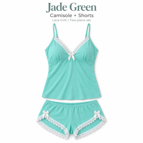 Women's Lace Trim Camisole Shorts Pajama Set, V Neck Bow Detail Sleeveless Two Piece Sleepwear in Solid and Printed Colors