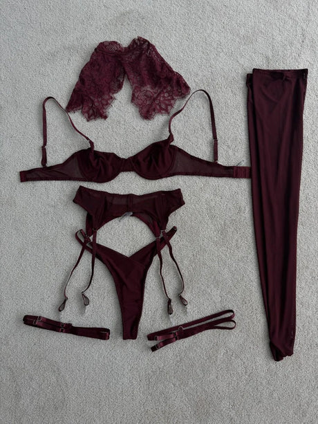 Sexy Women's Lace Lingerie 4 Piece Set Mesh Bra Cape Shawl Garter Thigh-High Stockings See-Through Erotic Vintage Intimate Set