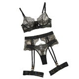 Sexy Underwired 3 Piece Lingerie Set, Floral Embroidery Sheer Cutout Garter Belt with Metal Buckles, Plus Size Available Women's