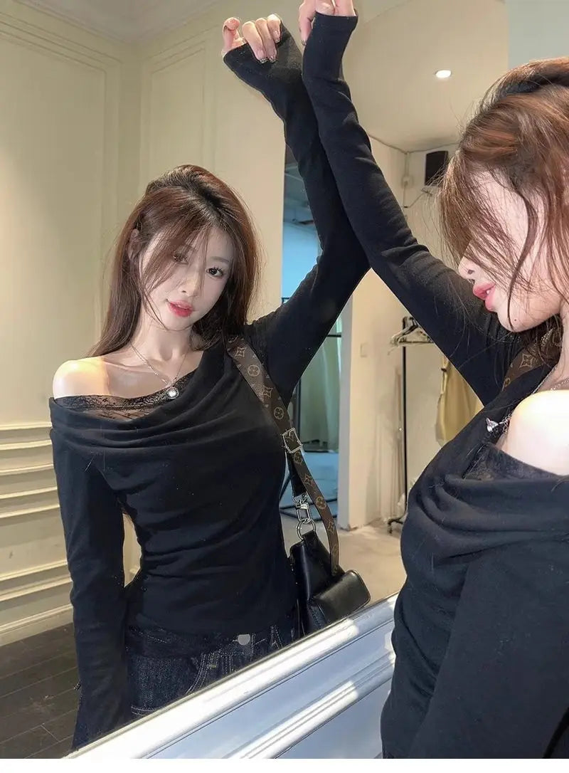 Lace Splice Asymmetrical Shoulder Long Sleeve T-Shirt Women's Slim Fit White Top for Autumn Winter Commute Casual Wear