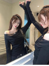 Lace Splice Asymmetrical Shoulder Long Sleeve T-Shirt Women's Slim Fit White Top for Autumn Winter Commute Casual Wear