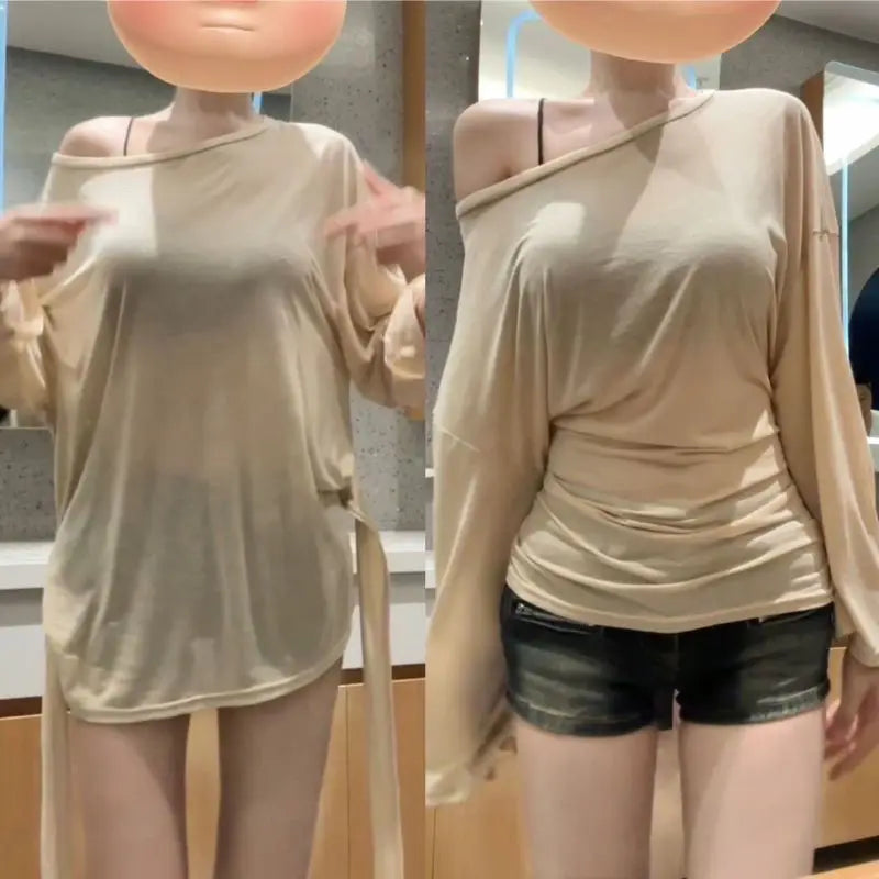 See Through Long Sleeve Oversize T Shirt Women Sexy Back Bandage Off Shoulder Top Female Basic Long Tees Korean Chic Lady New