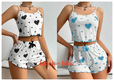 Women's Pajamas Set Sleepwear 2 PCS Short Tank Tops And Shorts S M L White Ventilate Soft Casual Love Printing