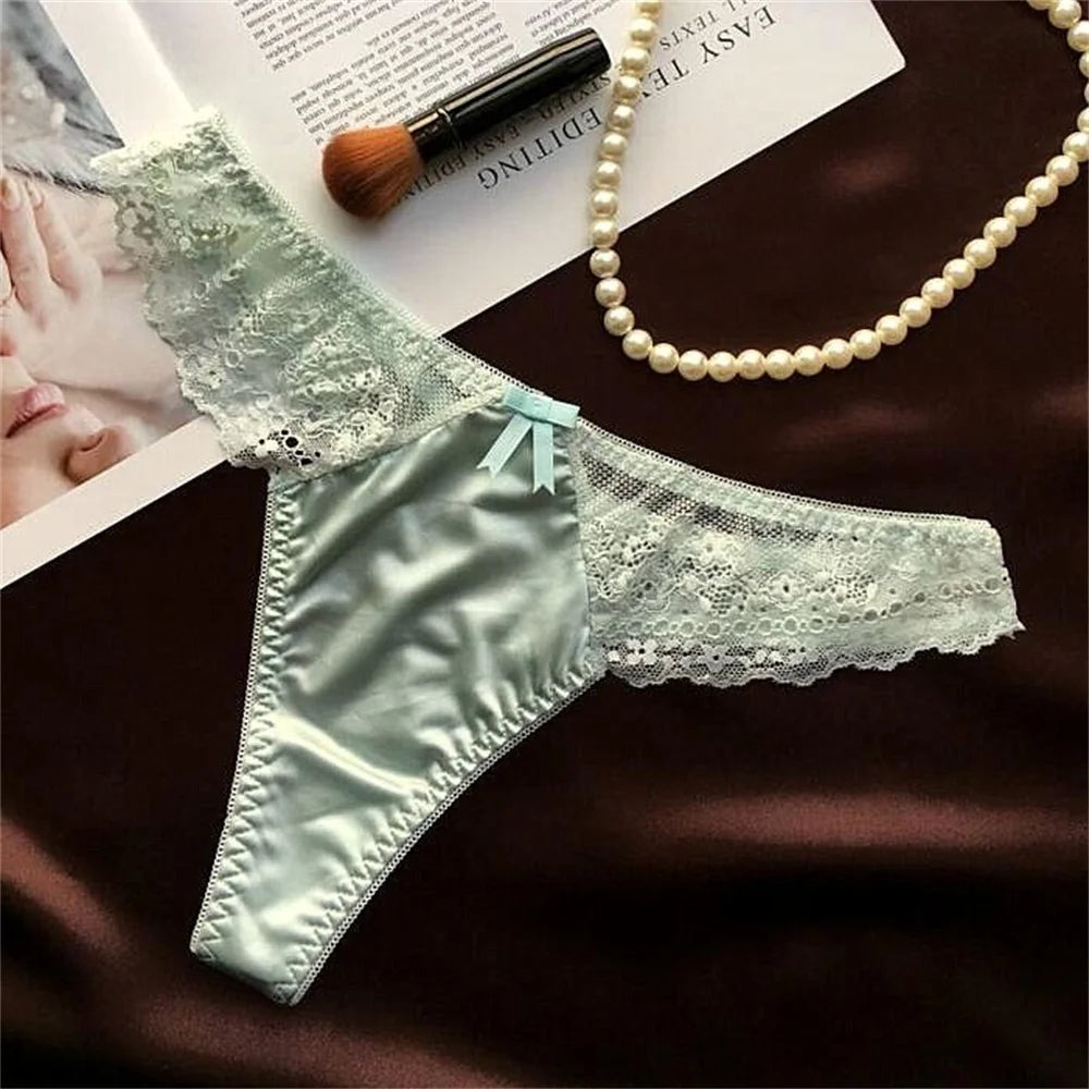 Hollow Lace Sexy Glossy Satin Silk Smooth Thong Women Sexy Low Waist G-string Underwear Bow Seamless Lingerie