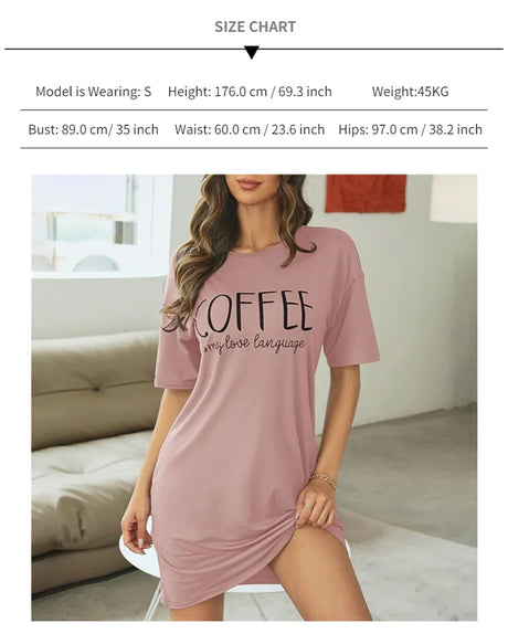 Casual Slogan Print Nightdress For Women Short Sleeve Sleepwear Dresses Loose Fit Tee Nightwear Home Clothes Nightie Loungewear