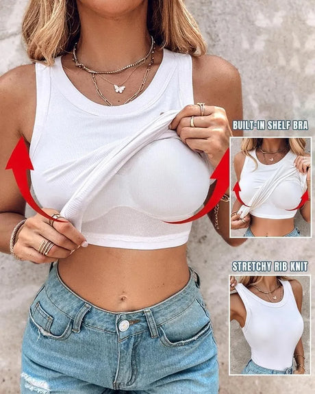 2026 New Spring Summer Women Built in Bra Tank Tops Round Neck Sleeveless Casual Tops Female Racerback Ribbed Fitted Tank Tops