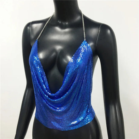 Sexy Metal Sequins Tank Top For Women 2025 Summer V Neck Backless Crop Tops Luxury Solid Short Party Nightclub Tank Tops