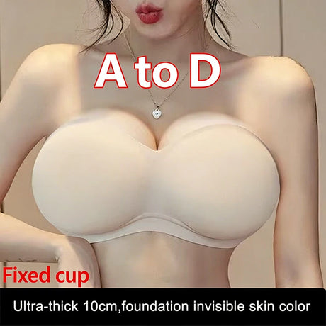 Ultra Push up Strapless Bra 10cm Extra Thick Padded Adhesive Breathable for Summer Skin Tone Invisible Sticky Bustier Beige
