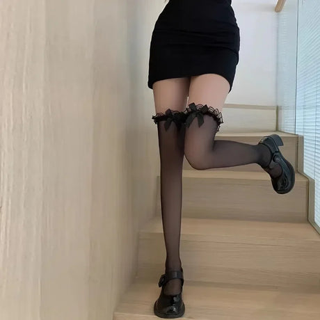 Lace Ruffle Thigh High Socks Bow Over The Knee Socks Women's Stockings Hosiery