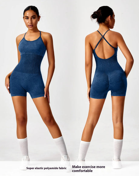 Sandwashed Yoga Bodysuit for Women - Strappy Seamless One Piece Workout Suit, Stretch Gym Leotard for Pilates Barre Fitness