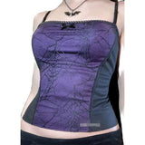 Combhasaki Summer Women's Sexy Gothic Halloween Backless Camisole Spider Web Lace Edge Back Zipper Sleeveless Slim Fit Tops