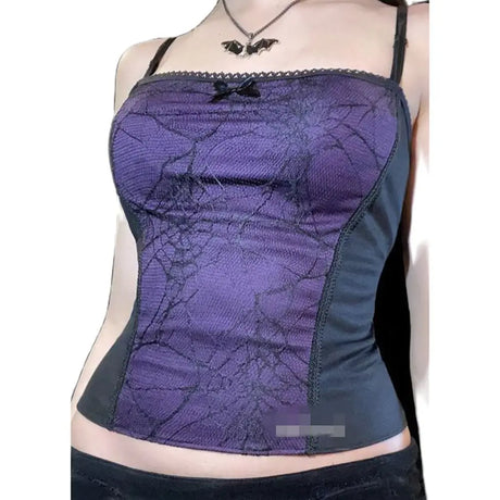 Combhasaki Summer Women's Sexy Gothic Halloween Backless Camisole Spider Web Lace Edge Back Zipper Sleeveless Slim Fit Tops