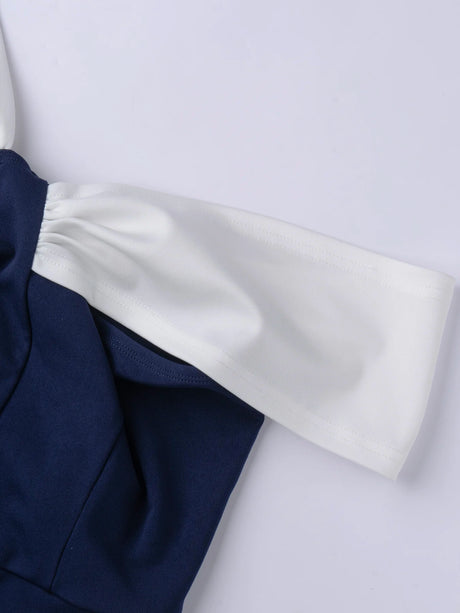 Chic One Shoulder Twisted Color Block Navy White Slim Fit Crop Blouse, Tube Top For Party & Daily Women