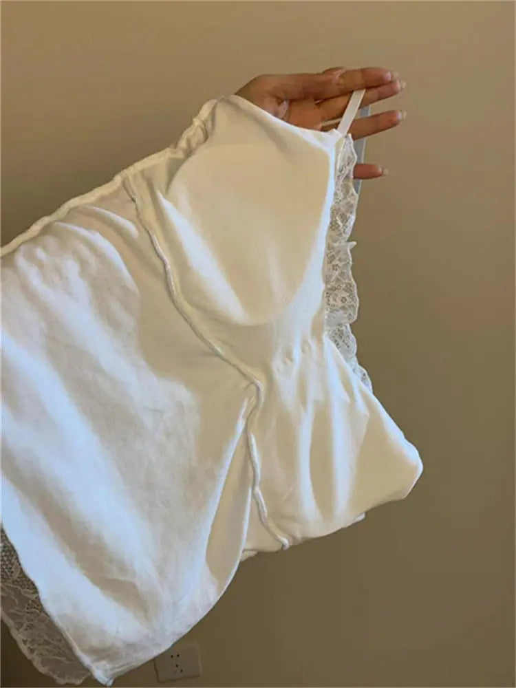 Elegant Lace White Camisole Women's Vest with Chest Pad Unique Design Inner Wear Base Top  Knot Backless Style