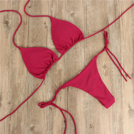 Solid Red String Bikini Set Halter Neck Triangle Top Side Tie Thong Bottom Women Summer Beach Swimwear